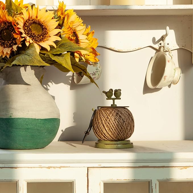 SOFFEE DESIGN Vintage Jute Twine Spool with Scissors Holder Set for Garden Farmhouse Kitchen Antique Twine and Scissors Set Green Birds-VerdiqueGarden