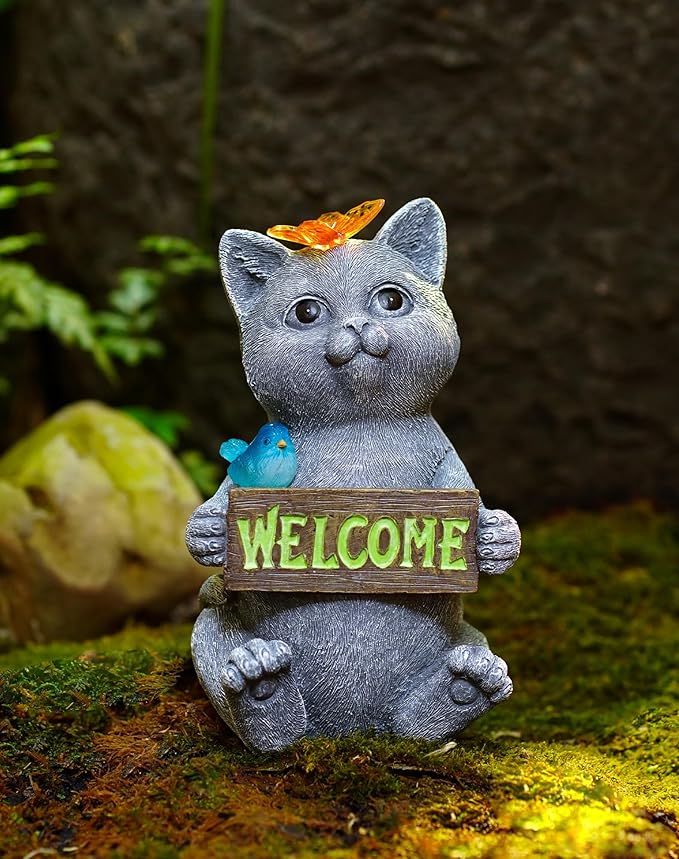 Goodeco Solar Cat with Welcome Sign - Outdoor Cat Statue with Solar Butterfly & Bird Lights - Perfect Cat Decor for Cat Lovers, Ideal Housewarming Gifts for Women & Moms (Gray)-VerdiqueGarden