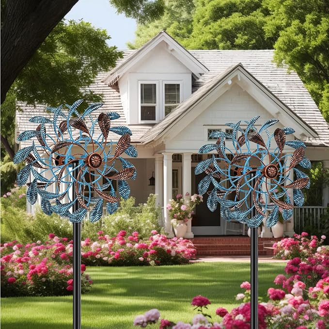 360° Wind Spinners Outdoor, Wind Sculptures Windmill with Metal Stake, Kinetic Large Metal Yard Art Decor Spinners Pinwheels for Garden Outside Patio Lawn, 63.2 * 13.2"-VerdiqueGarden