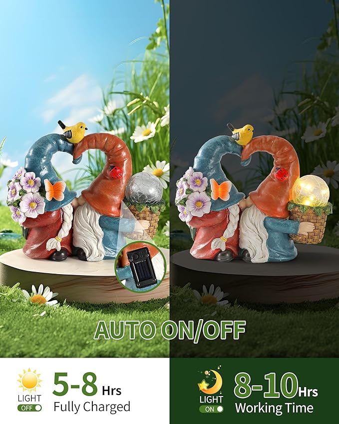 iStatue Solar-Powered 8.3'' Spring Summer Kissing Gnomes Decorations for Home & Garden - Decorative Outdoor Lawn Ornaments and Statues Clearance (Loved Gnomes)-VerdiqueGarden