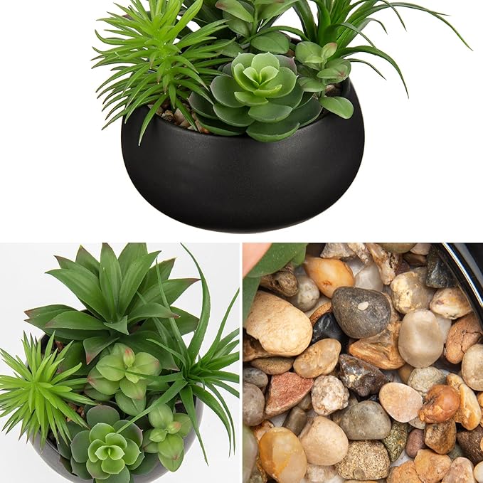Fake Plants Artificial Succulents in Pots Faux Succulent Arrangement Potted Plant in Black Ceramic Planter Bowl for Home Decor Office Desk Bathroom Shelf Living Room Indoor Decorations-VerdiqueGarden