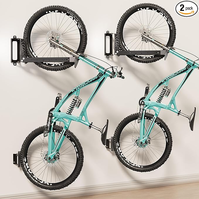 2-Pack Swivel Bike Rack Wall Mount, Bike Hangers for Garage, Space-Saving Vertical Bike Holder, Holds up to 77 lbs, Bicycle Wall Hanger Storage, No Heavy Lifting Required Indoor Hanging Bike Rack-VerdiqueGarden