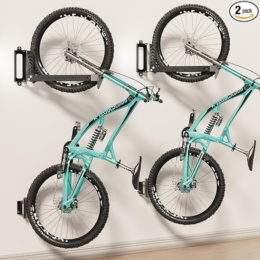 2-Pack Swivel Bike Rack Wall Mount, Bike Hangers for Garage, Space-Saving Vertical Bike Holder, Holds up to 77 lbs, Bicycle Wall Hanger Storage, No Heavy Lifting Required Indoor Hanging Bike Rack-VerdiqueGarden