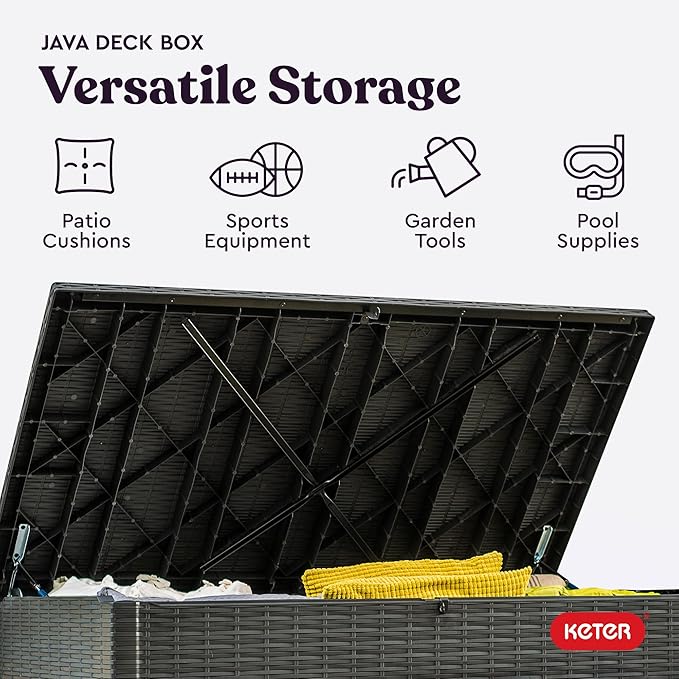 Keter Java XXL 230 Gallon Resin Rattan Look Large Outdoor Storage Deck Box for Patio Furniture Cushions, Pool Toys, and Garden Tools, Dark Grey-VerdiqueGarden