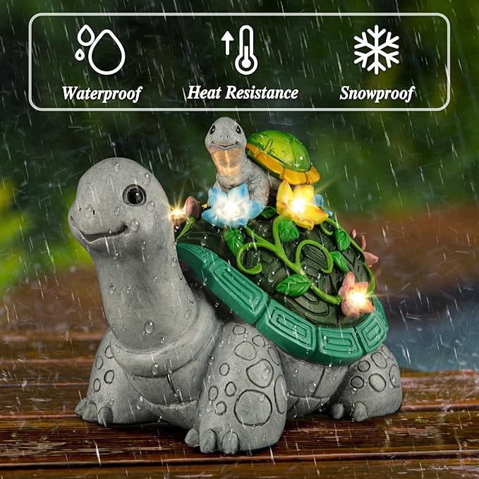 LESES Garden Statues, Turtle Solar Statue Garden Decor Clearance, Cute Turtle Figurines with Baby & 7 LED Solar Lights Lawn Decorations for Patio Yard Gifts for Mom Grandma Housewarming-VerdiqueGarden