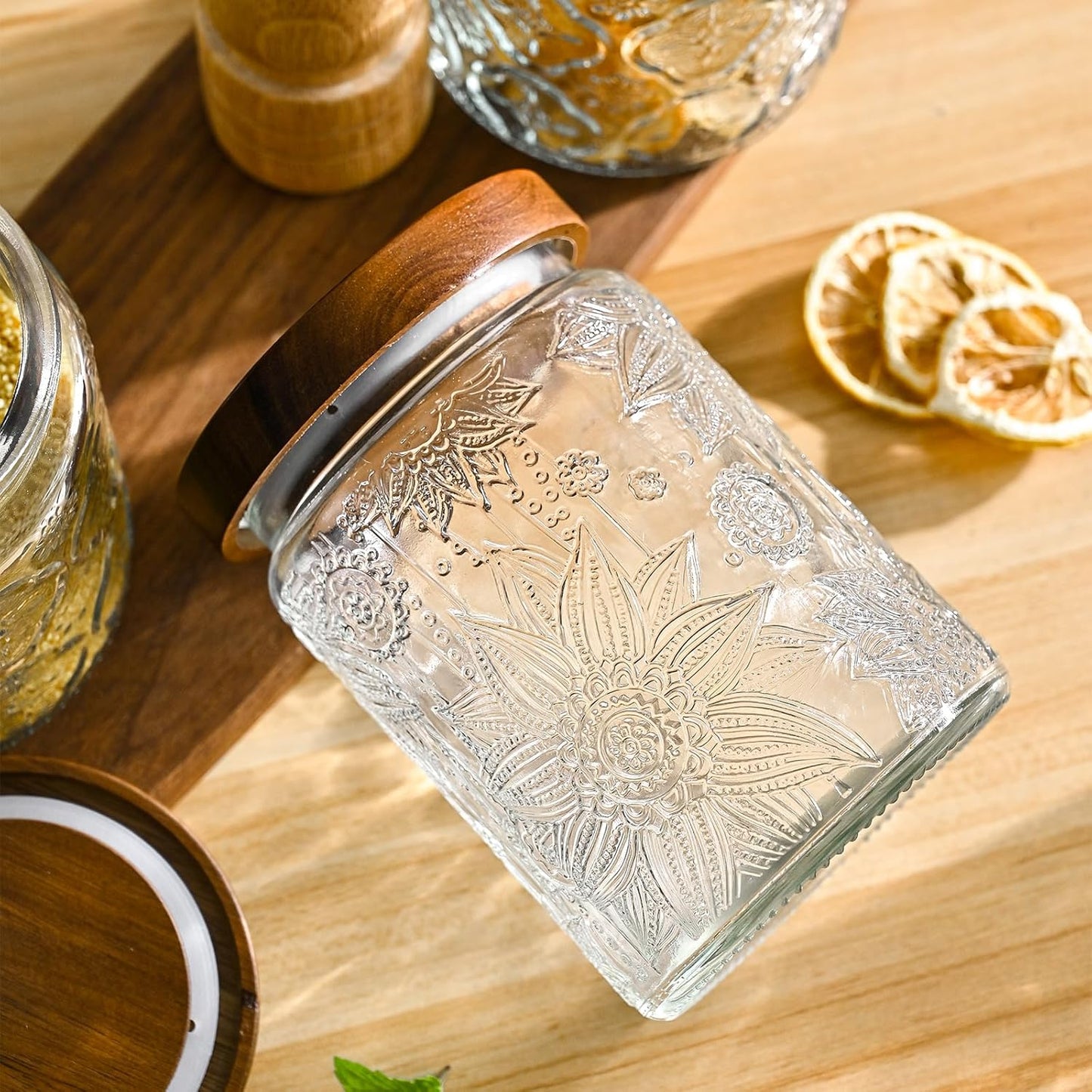 24oz Vintage Glass Canister With Lid Small Glass Jars Wide Mouth Mason Jars Airtight Coffee Canisters Kitchen Storage Containers For Sugar Tea Spice Flour Candy Cookie Cereal Cute Decorative-VerdiqueGarden