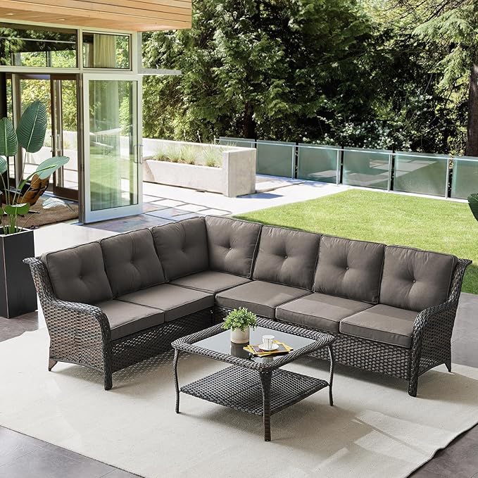 Outdoor Furniture Sectional Sofa L Shaped Couch - Patio Wicker Set with Coffee Table, 3 Piece Rattan Patio Conversation Sets with Gray Cushion for Deck Backyard Sunroom-VerdiqueGarden
