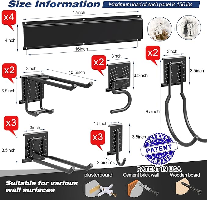 Garage Tool Storage Rack, Heavy Duty Garage Storage Organizer Rack System Wall Mounted Tool with 12 double hooks, 4 rails Garden Tool Rack-VerdiqueGarden