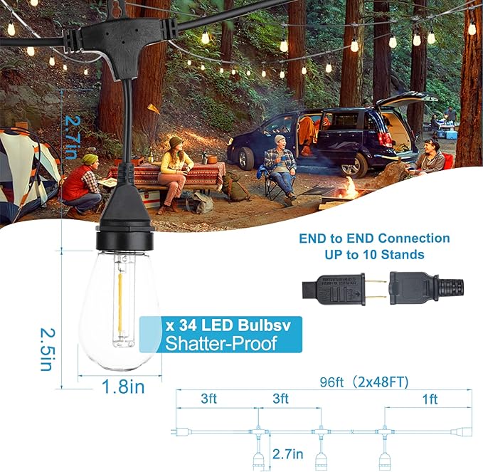 Lightdot 96FT (2x48FT) Outdoor Led Patio Lights,Led String Lights with Shatterproof Edison Vitage Bulbs, Commercial Grade Hanging Light for Patio Cafe Bistro Backyard-VerdiqueGarden