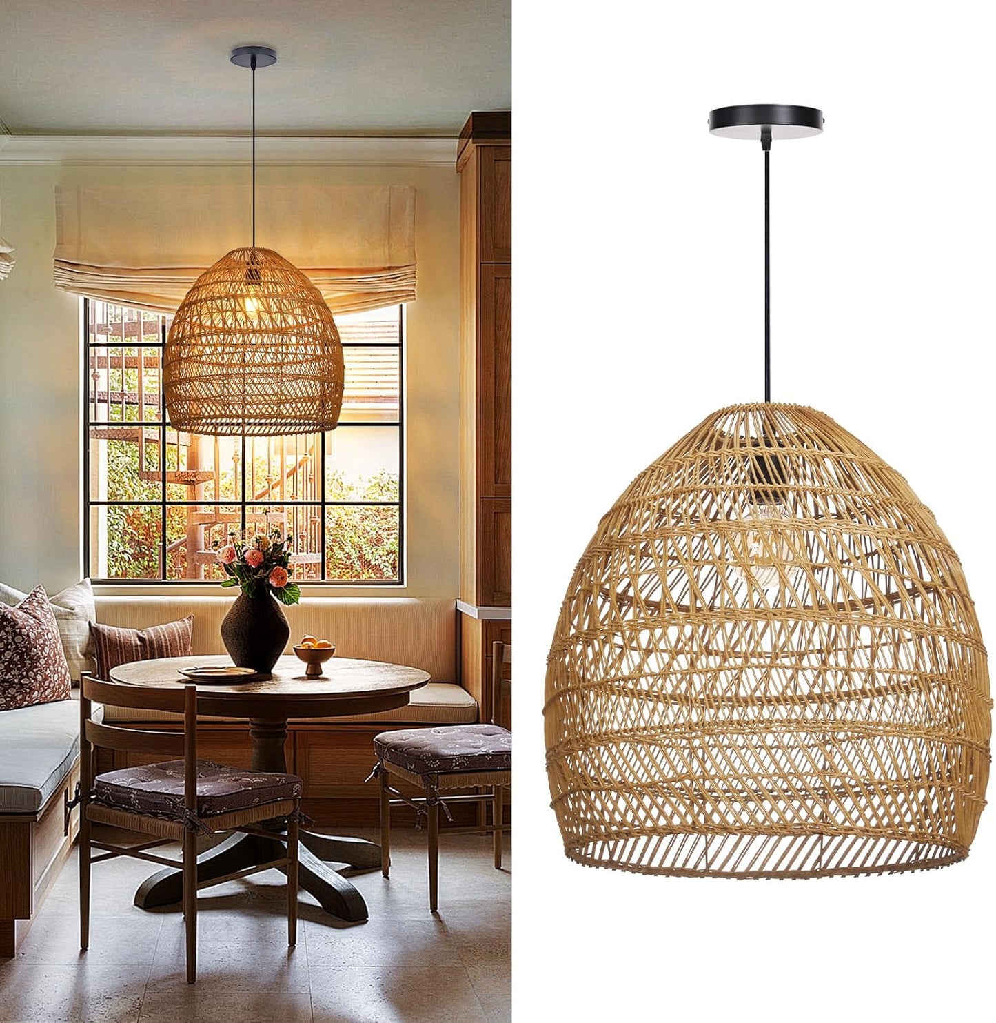 Arturesthome 17.7" Rustic Rattan Pendant Light,Woven Pendant Lighting Fixture,Vintage Farmhouse Chandelier Hanging Ceiling Lamp Shade for Kitchen Island Dining Room-VerdiqueGarden