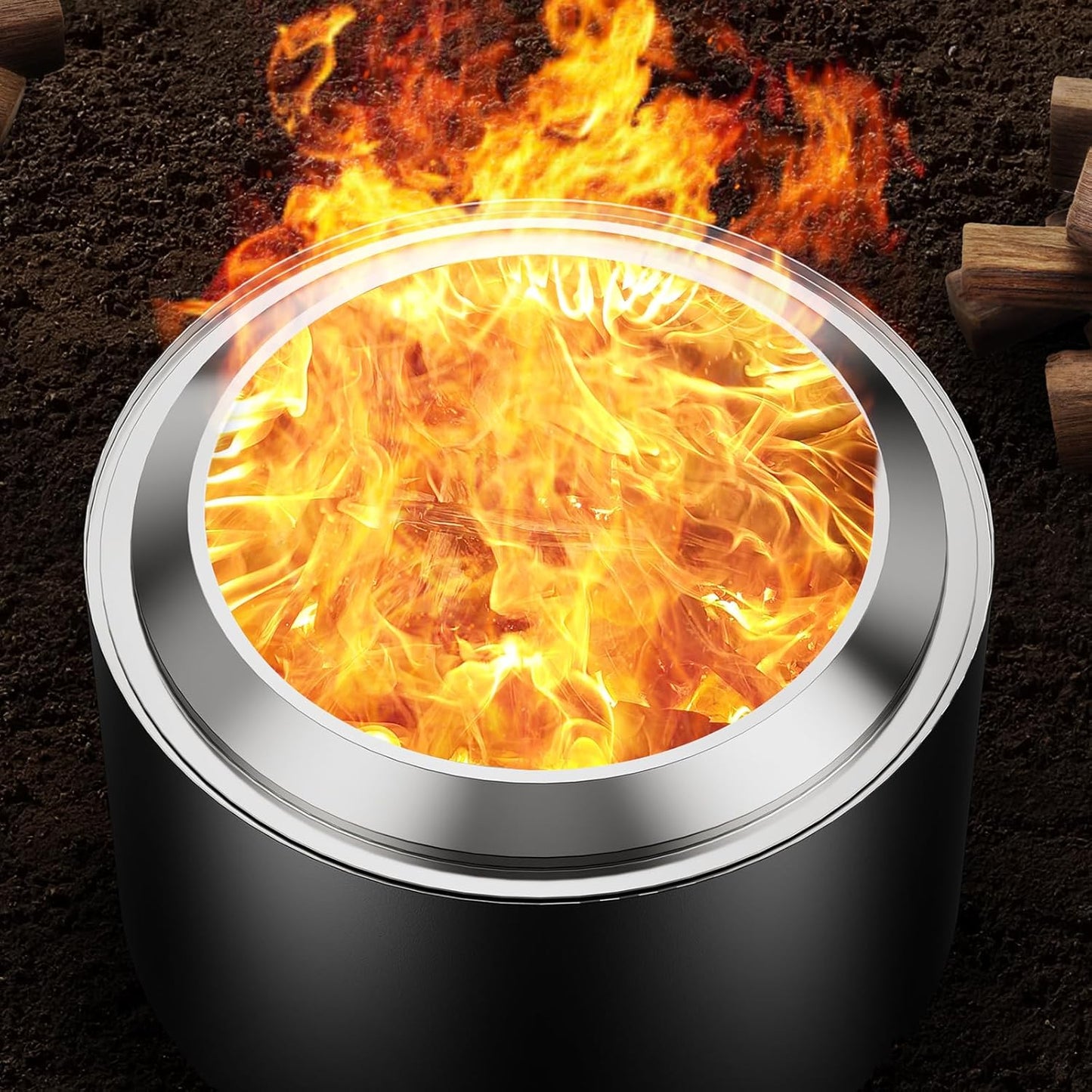 22 inch Smokeless Fire Pit with Waterproof Cover, Stainless Steel Outdoor Smokeless Firepit, Wood Burning Fire Pits for Camping, Bonfire,Low Smoke Firepit for Outside[Black]-VerdiqueGarden