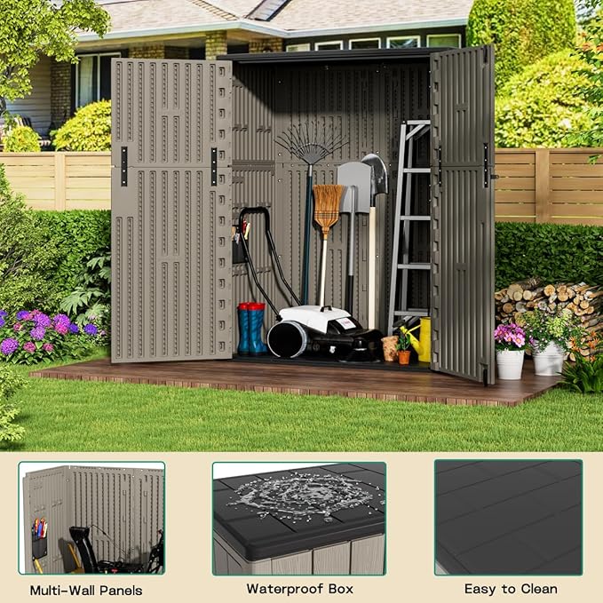 KINYING Outdoor Vertical Storage Shed,57 Cu.ft Outdoor Storage Cabinet Waterproof,Resin Sheds & Outdoor Storage Clearance for Garden,Patio,Backyard,Lockable (Brown)-VerdiqueGarden