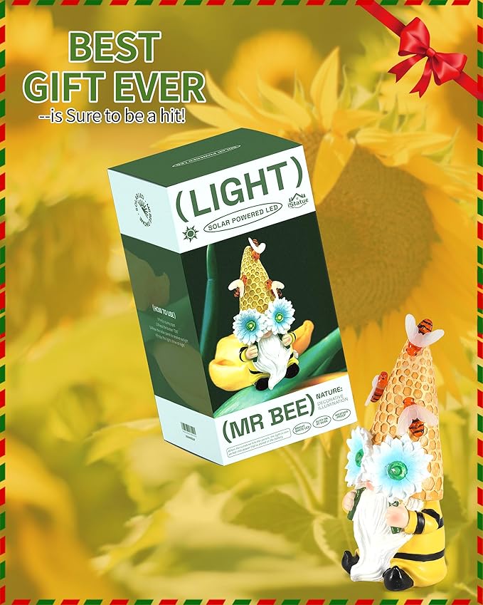 iStatue Garden Gnomes Outdoor Clearance with Solar Bee Lights - 9.5'' Resin Figurine Honeycomb Sunflower Spring Summer Decoration for Home Garden Decor Lawn Ornaments (Mr Bee Gnome)-VerdiqueGarden