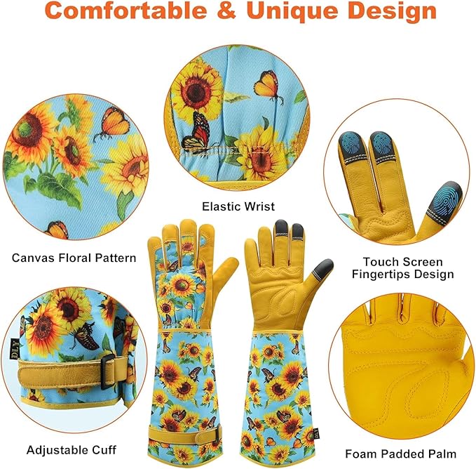 DLY Gardening Gloves for Women, Rose Gloves Gardening Thorn Proof, Long Garden Gloves for Women, Breathable Cowhide Leather Gauntlet (Small, Blue-VerdiqueGarden