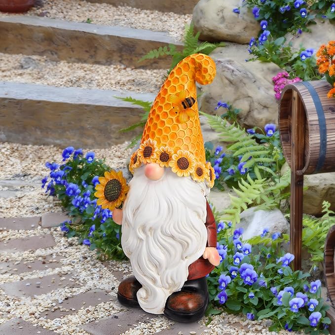 Garden Gnomes Outdoor - Sunflower Gnome Statue with Solar LED Lights for Yard, Patio, Lawn Ornaments - Best Garden Gifts for Mothers Day, Housewarming, Festival-VerdiqueGarden