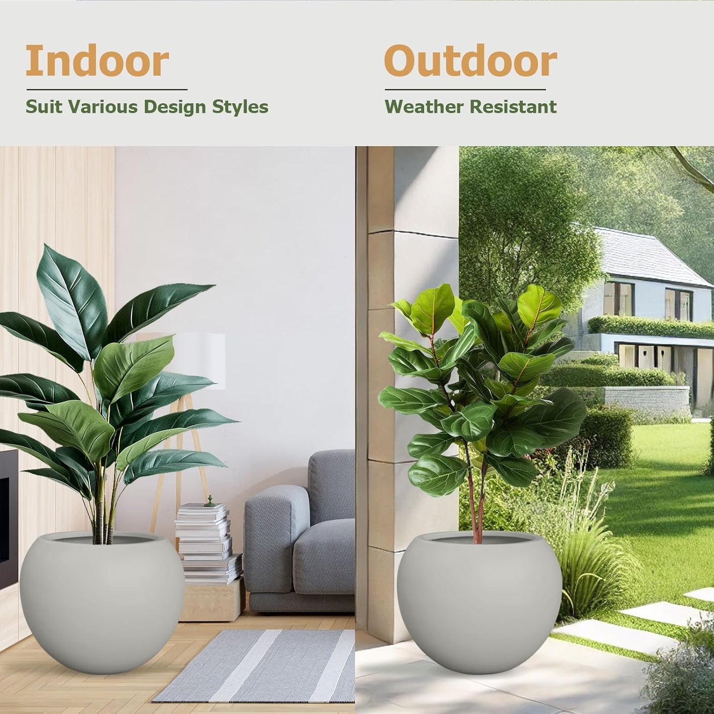 Globo Large Fiberstone Plant Pot, Large Planters for Indoor Plants, Outdoor Planters for Porch (Light French Gray, 16" D x 12.8" H)-VerdiqueGarden