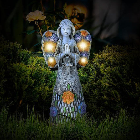 Yiosax-Garden Angels Outdoor Statue-Solar Lights Decor - Solar Angels for Cemetery Grave Cross Praying Succulent Wings Remembrance Angel Figurine Lawn Yard Decorations, White, Yiosax-Angel04-VerdiqueGarden