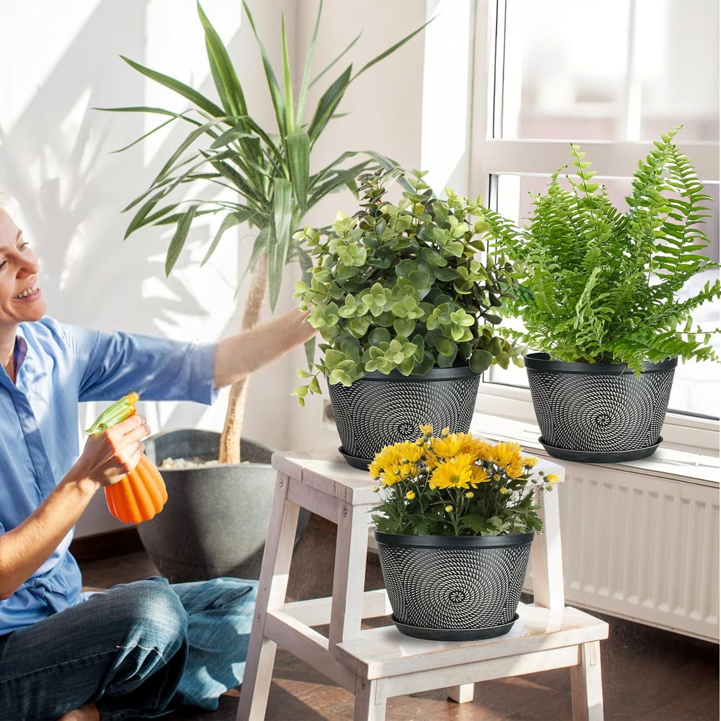 Quarut 10 Inch Flower Pots for Outdoor Indoor, 3 Pack Plastic Plant Pots with Drainage Hole & Tray, Modern Decorative Garden Pot with Saucer, planters for House (Black Copper)-VerdiqueGarden