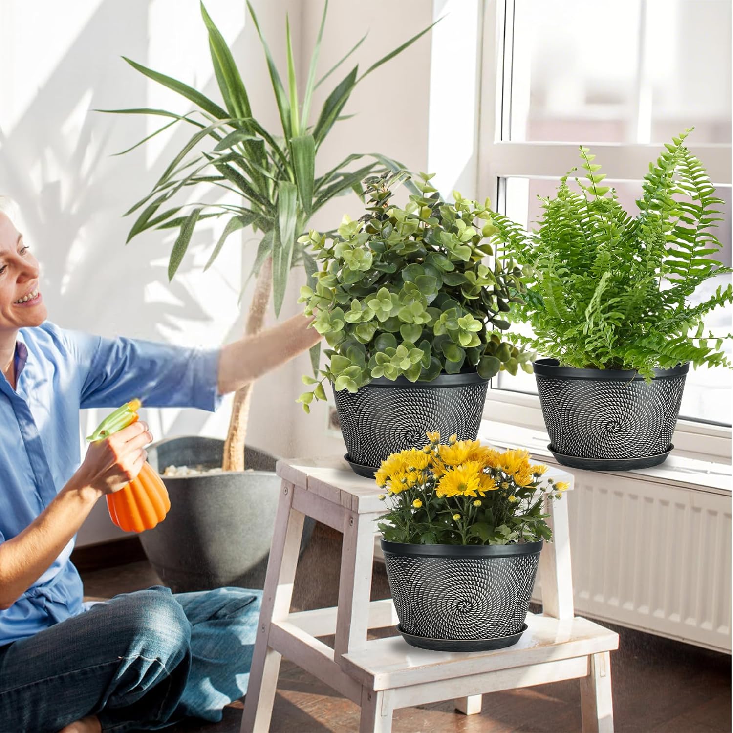 Quarut 10 Inch Flower Pots for Outdoor Indoor, 3 Pack Plastic Plant Pots with Drainage Hole & Tray, Modern Decorative Garden Pot with Saucer, planters for House (Black Copper)-VerdiqueGarden