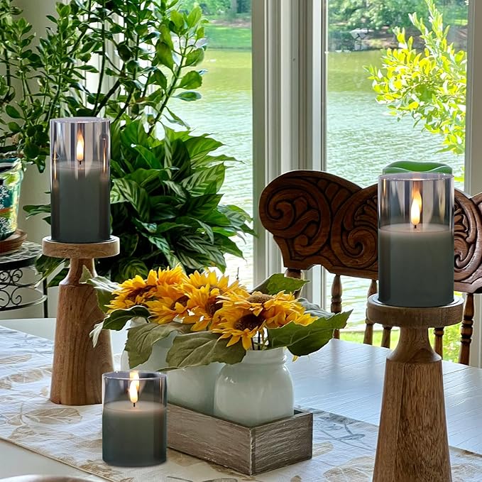 Glass Rechargeable Flameless Candles with Remote Timer, Realistic 3D Wick LED Battery Operated Candles with Flickering Flame,Home Decoration for Wedding Birthday Festival(Grey)-VerdiqueGarden