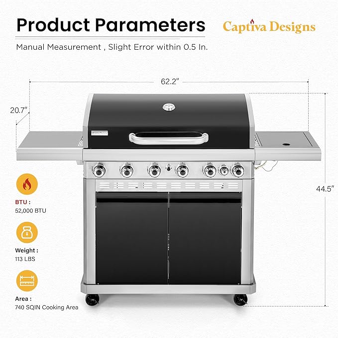 Captiva Designs 6-Burner Propane Gas BBQ Grill with Side Burner & Porcelain-Enameled Cast Iron Grate and Plate for Outdoor Barbucue Events, 52,000 BTU Output,740 SQ.IN. Cooking Area，Heavy Duty-VerdiqueGarden