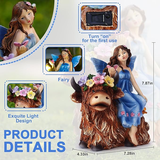 Solar Angel Garden Statue - Garden Fairy Sitting on a Highland Cow with Flowers, Butterflies and 5 LED Lights - Decorate Table, Terrace, Lawn, Birthdays, Grandma, mom-VerdiqueGarden