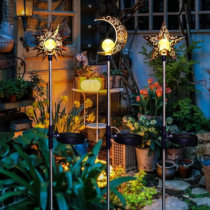 Tryme Solar Lights Outdoor Garden Decorations Sun Moon Star Stake Light Decorative Waterproof Warm White LED Yard Decor for Pathway Lawn Patio Courtyard Backyard-VerdiqueGarden