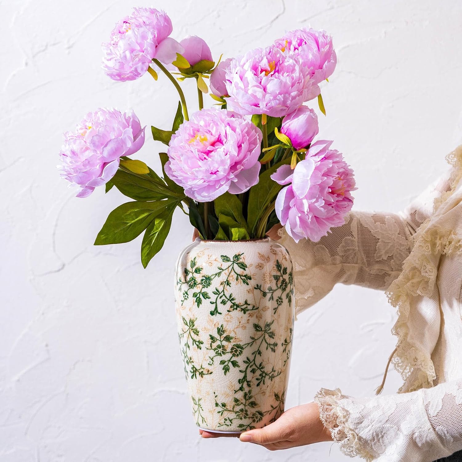 Vintage Pastoral Green and Beige Flower Vase, Ceramic Floral Vases, Retro Ice Cracked Chinoiserie Vase for Home Cottage Core Decor, Bookshelf, Office, Mantel, Wedding Rustic Table Centerpiece 8.5 Inch-VerdiqueGarden