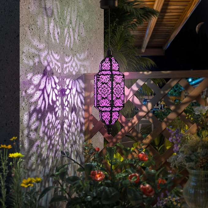 Twinkya Hanging Solar Lights Outdoor Garden Decorative Solar Lantern Waterproof Metal Moroccan Outdoor Decorations for Patio Pathway Yard Porch Backyard Garden Decor (Purple, 1 Pack)-VerdiqueGarden