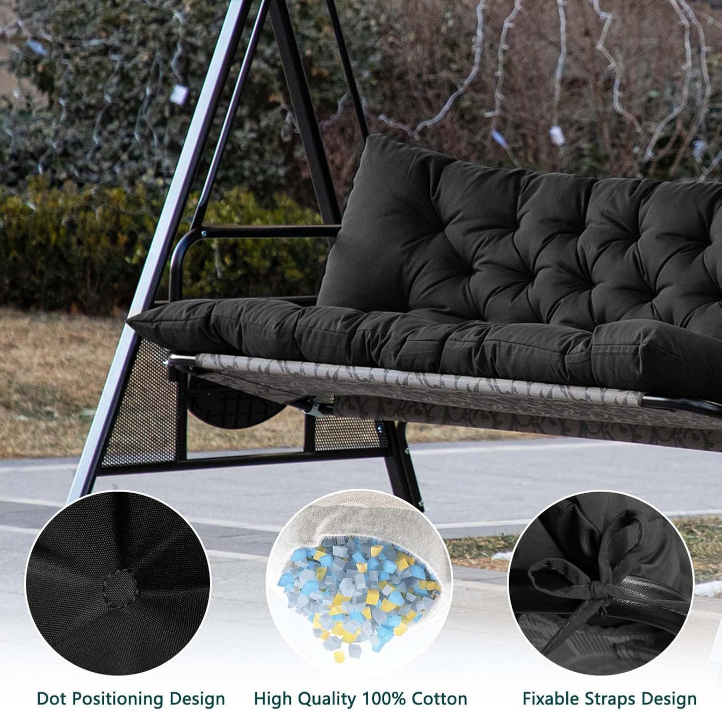 Porch Swing Cushions,Outdoor Cushions 3 Seater Replacement with Backrest, Waterproof Thickened Bench Cushion with Ties for Porch, Patio,Outdoor, Backyard and Garden (Black 60 * 40 in)-VerdiqueGarden