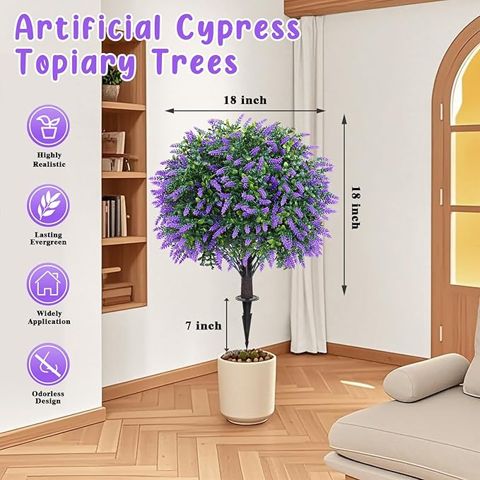 Artificial Boxwood Topiary Ball with Lavender, Set of 2 Artificial Shrub Bushes with Ground Spike, Fake Evergreen Tree for Porch, Artificial Plants for Outdoor Planters Indoor UV Resistant-VerdiqueGarden