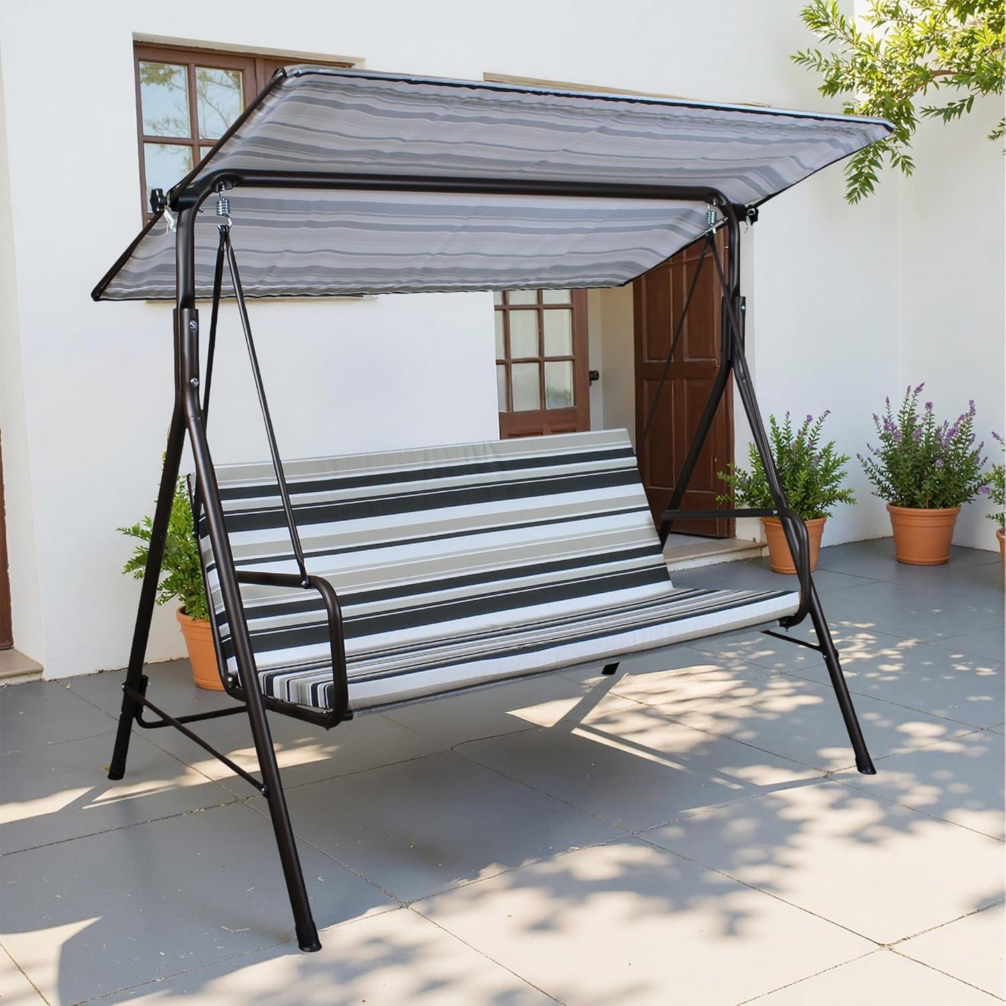 SUNJOY Outdoor Porch Swing, 2 Seat Patio Metal Porch Swing Seats with Adjustable Canopy and Removable Cushion for Garden, Poolside, Backyard, Bronze - Made in Italy-VerdiqueGarden