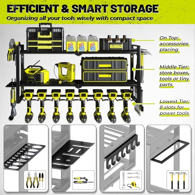 KAFAHOM Power Tool Organizer for Tool Storage, 8 Drill Holder Wall Mount, Tool Holder and Storage Rack for Garage Organization, Heavy Duty Metal Tool Shelf with Air tool/Screwdriver/Hammer Holder-VerdiqueGarden
