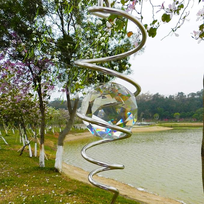 FONMY Gazing Ball Spiral Tail -Decorative Wind Spinner Sun Catcher 11 inch Tail and 2 inch Clear Crystal Orb. Indoor Outdoor Garden Decoration -13 inch Height-VerdiqueGarden