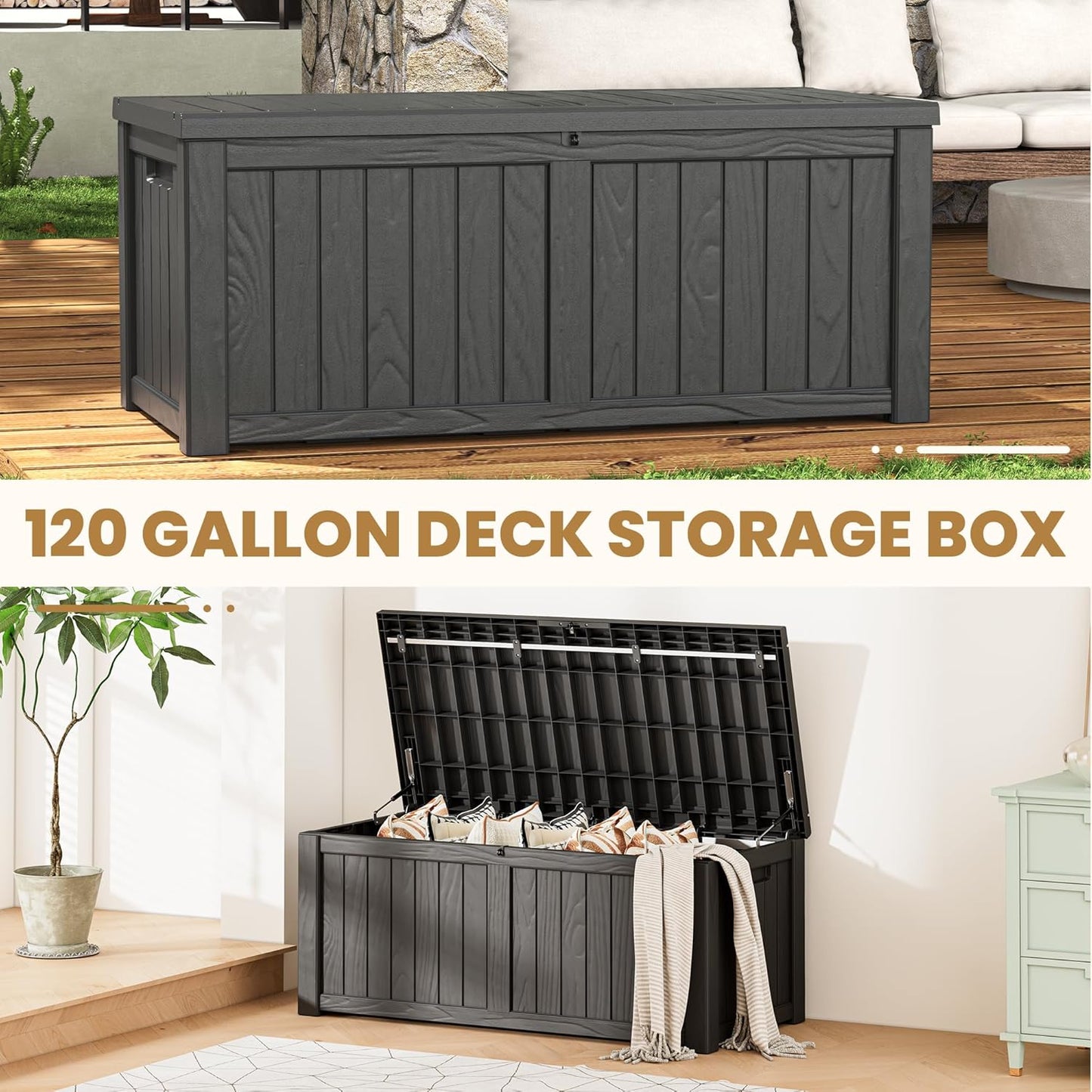 Deck Box, 120 Gallon Outdoor Storage Box Lockable Patio Waterproof for Furniture, Garden Tools, Sports Equipment and Pool Supplies, Waterproof, Resin, Lockable-VerdiqueGarden