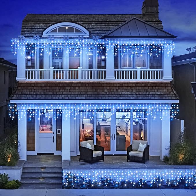 Christmas Icicle Lights Outdoor, 66Ft 640 LED Icicle Lights for Outside with 8 Modes Timers, Waterproof Plug in Twinkle String Light for Yard Eave Patio Party Holiday Decorations, Blue White-VerdiqueGarden