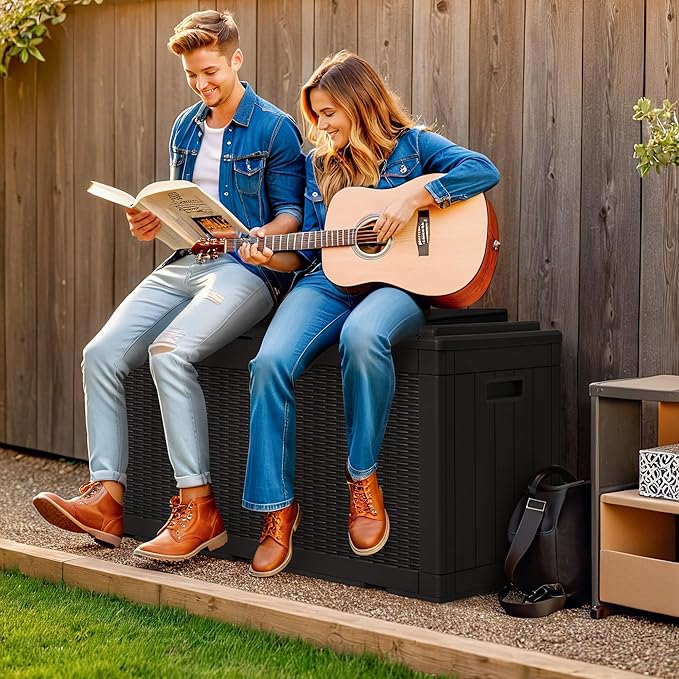 Greesum 100 Gallon Resin Deck Box Large Outdoor Storage with Cushions for Patio Furniture, Garden Tools, Pool Supplies, Weatherproof and UV Resistant, Lockable, Black-VerdiqueGarden