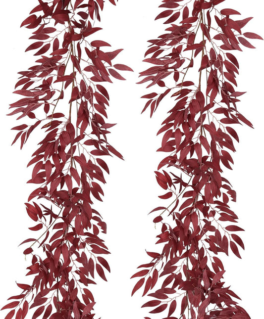 RECUTMS Artificial Hanging Willow Leaves Vine Twigs 2Pcs 5.7Ft Fake Silk Burgundy Leaf Ivy Fall Garland Faux Greenery Indoor Outdoor Valentines Day Wedding Birthday Christmas Thanksgiving Party Decor-VerdiqueGarden