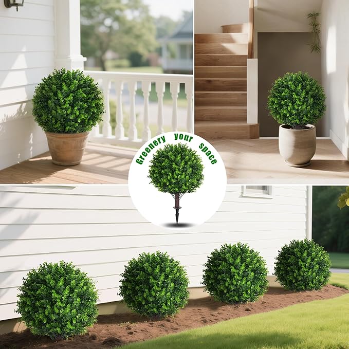 Artificial Eucalyptus Topiary Ball Trees with Ground Spike, Set of 2 UV Resistant Artificial Shrubs, Fake Evergreen Artificial Plant Bushes for Indoor Outdoor Front Porch Garden-VerdiqueGarden