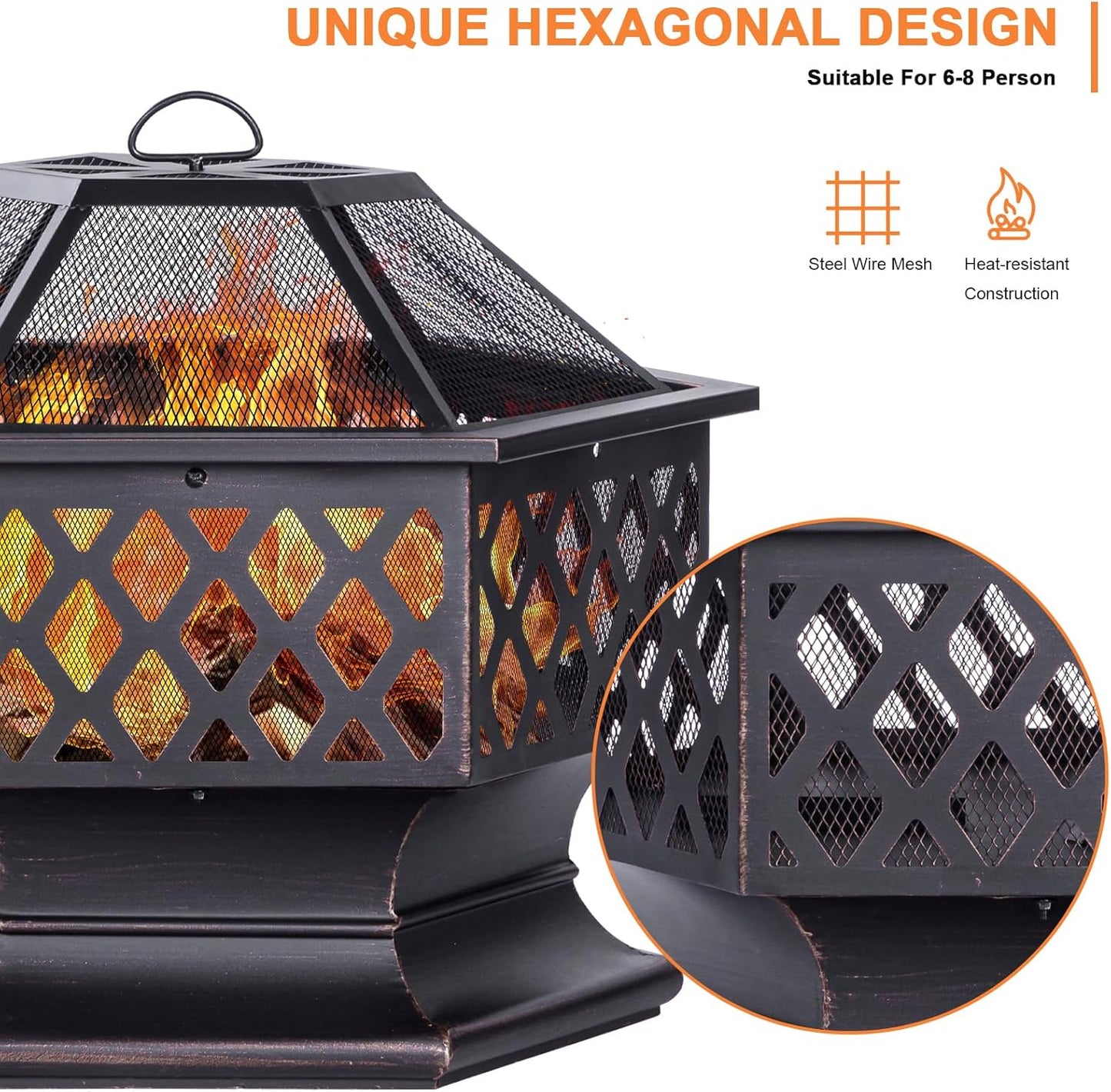 28Inch Outdoor Fire Pit, Hexagon Shaped Wood Burning Firepit for Outside Bonfire, Patio, Backyard and Camping (Antique Bronze)-VerdiqueGarden