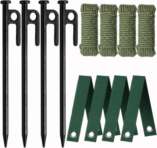 Tree Stake Kits, Tree Stakes and Supports Kits for Hurricane Protection & Bad Weather, Include 4 PCS 11.8" Heavy Duty Steel Tree Stakes, 4 PCS 15.8" Tree Straps and 4PCS 16.4FT Rope-VerdiqueGarden