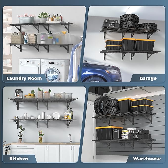 4 Pack Heavy Duty Garage Wall Shelving Set (2x3ft), Wall Mounted Garage Shelves 1000lbs Capacity, 24"x72" Shelf Storage Rack Floating Shelves, Black-VerdiqueGarden