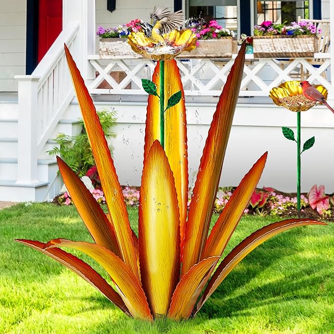 Upgraded Large Metal Yard Art, Metal Agave Plant Yard Decorations Outdoor Sculpture, Metal Flowers for Outside, Waterproof Outdoor Garden Decor (Yellow + Bird Feeder)-VerdiqueGarden