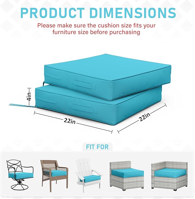 Patio Chair Cushions 22 X 22 X 4 Inch Waterproof Outdoor Seat Cushions for Patio Furniture, Outdoor Sofa Couch Pads with Ties & Handle, Set of 2, Lake Blue-VerdiqueGarden