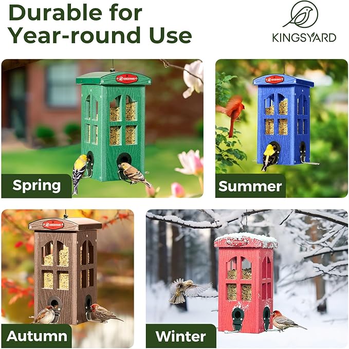 Kingsyard Upgraded Rainproof Bird Feeder for Outdoor Hanging - Metal Feeding Port, Recycled Plastic Wild Bird Feeder with Metal Mesh Tray for Goldfinch Small Bird, Garden Yard Decoration, Green-VerdiqueGarden