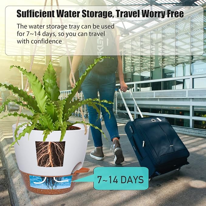 10 Inch Self Watering Hanging Pots, 2 Pack Hanging Planters with 40oZ Deep Reservior for Indoor Outdoor Plants Flowers, White with Brown-VerdiqueGarden
