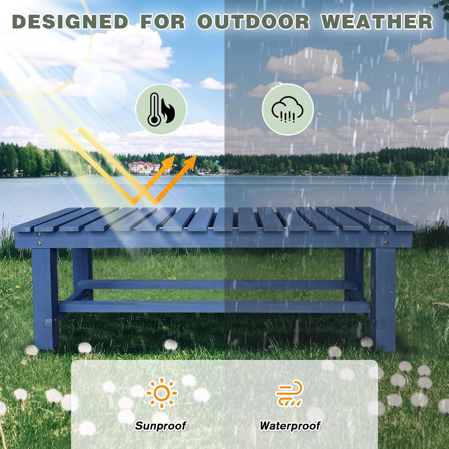 Outdoor Garden Wood Bench, 2-Person Weatherproof Wooden Bench Park Narrow Bench, Never Rot or Fade Waterproof Backless Bench for Entryway, Outdoor, Patio, Porch, Backyard and Park (Blue, 35.5''/90cm)-VerdiqueGarden