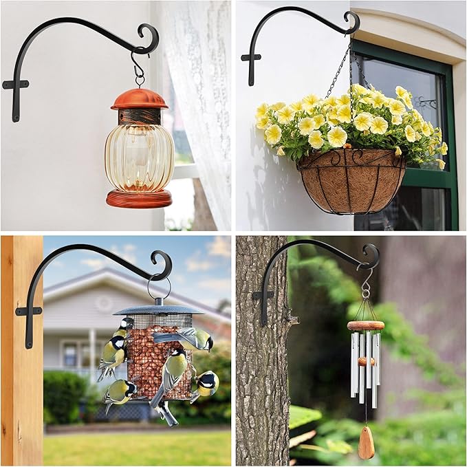 HOOPLE Plant Hangers Outdoor Heavy Duty 2 Pack, Extra Long 12 Inch Cast Iron Hanging Plant Bracket, Metal Black Plant Brackets Hook for Hanging Flower Baskets, Hanging Bracket, Elegant Design-VerdiqueGarden