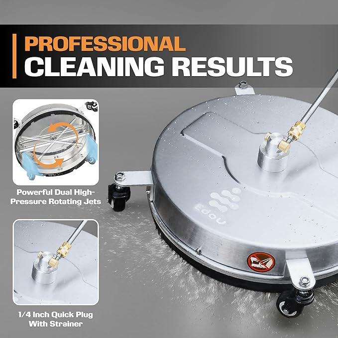 EDOU 18 inch Pressure Washer Surface Cleaner - Stainless Steel Power Washer Attachment - 4,000 PSI Max - Concrete Cleaner with Dual Nozzles and Extension Wands - Silver-VerdiqueGarden