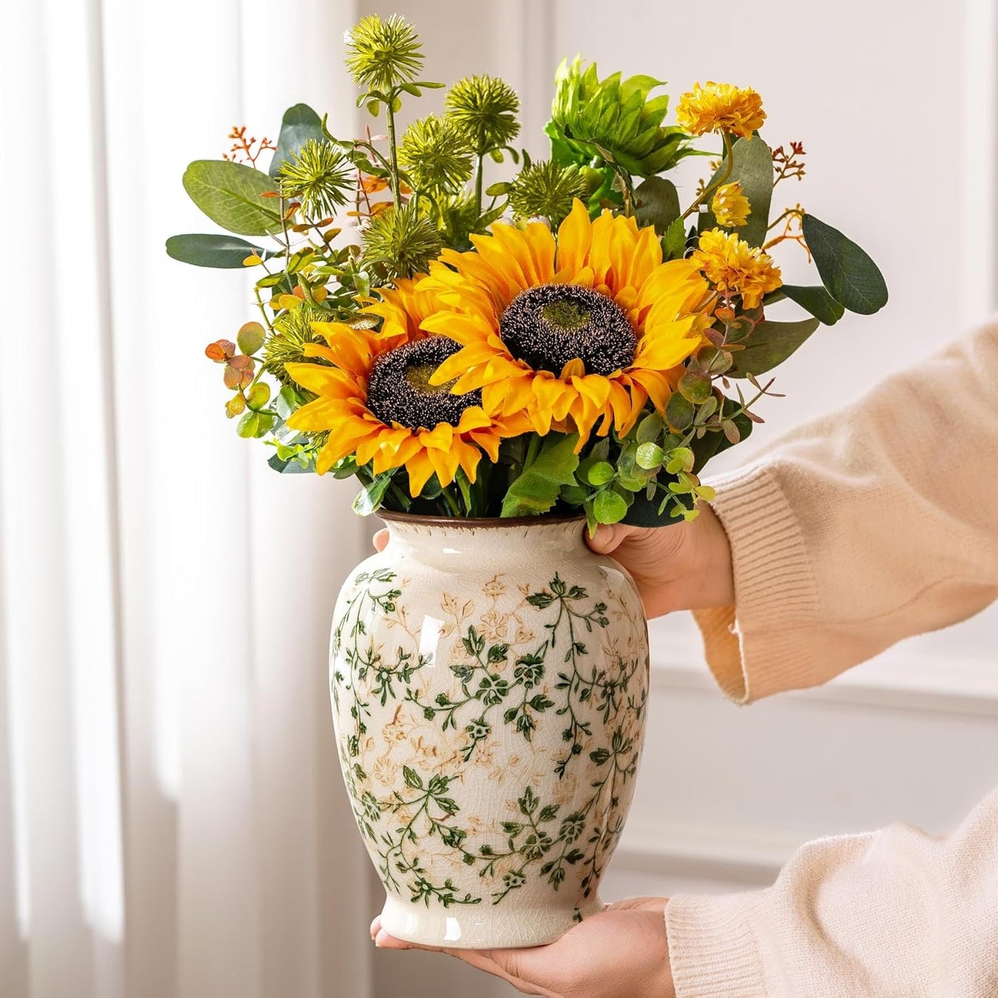 Vintage Green and Beige Vase, Round Ceramic Floral Vases, Retro Ice Cracked Chinoiserie Vase for Home Decor, Living Room, Bookshelf, Office, Grand Millennial Decor, Rustic Table Centerpiece 8 Inch-VerdiqueGarden